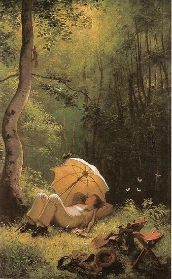Carl Spitzweg Der Maler auf einer Waldlichtung, unter einem Schirm liegend France oil painting art